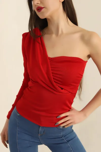 Kırmızı Büzgülü Buzzy Kumaş Bluz 250137