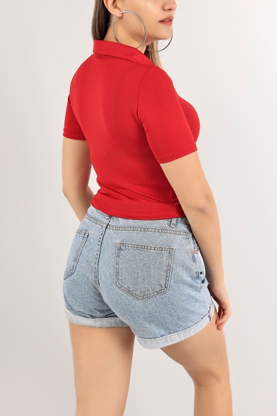 Kırmızı Büzgülü Crop Gömlek 116037