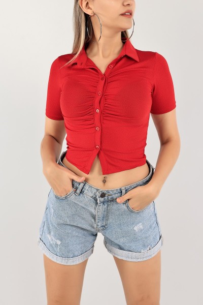 Kırmızı Büzgülü Crop Gömlek 116037