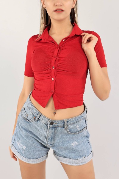 Kırmızı Büzgülü Crop Gömlek 116037