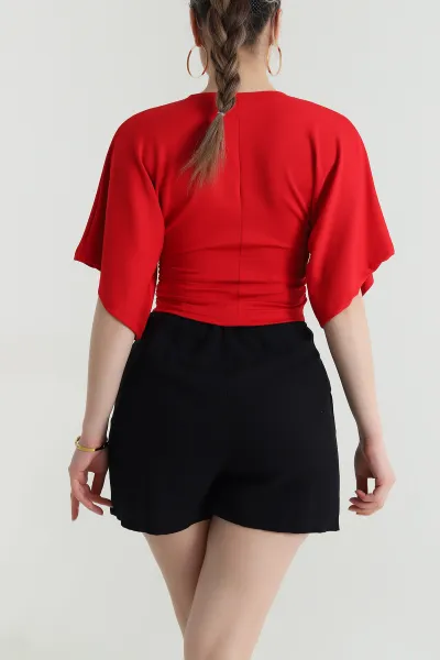Kırmızı Büzgülü Crop Kadın Bluz 466224