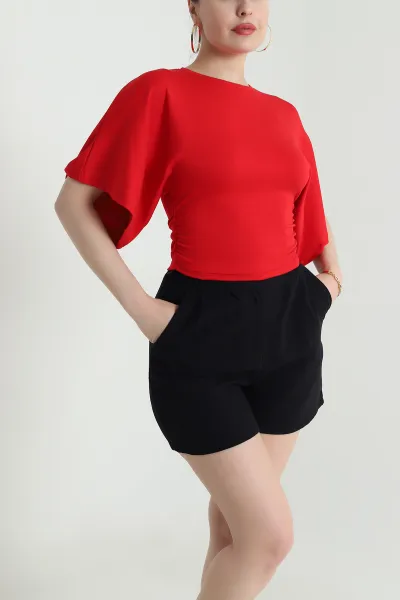 Kırmızı Büzgülü Crop Kadın Bluz 466224