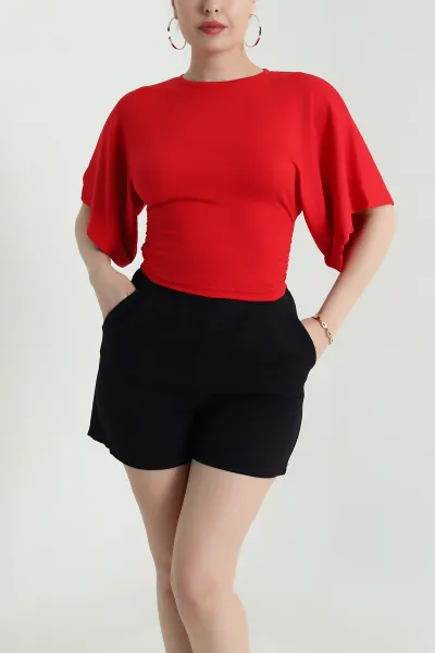 Kırmızı Büzgülü Crop Kadın Bluz 466224