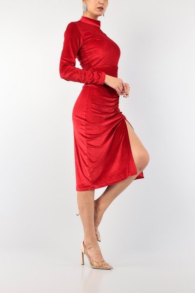 Kırmızı Büzgülü Kadife Elbise 90421