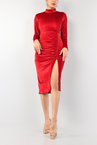 Kırmızı Büzgülü Kadife Elbise 90421