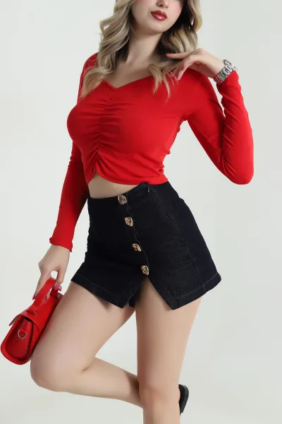 Kırmızı Büzgülü Kadın Body Bluz 483091