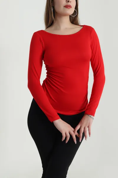 Kırmızı Büzgülü Kayık Yaka Viskon Bluz 489438