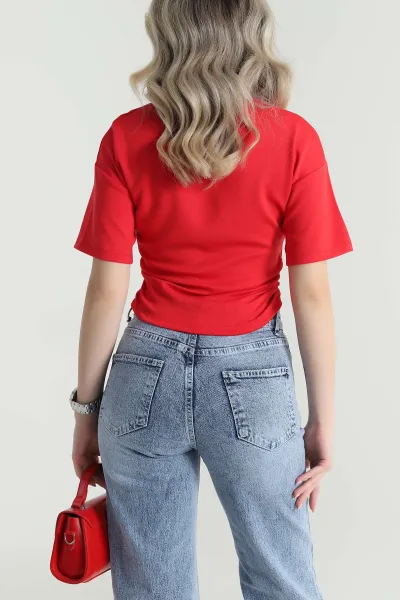 Kırmızı Büzgülü Likralı Oysho Kadın Bluz 465311