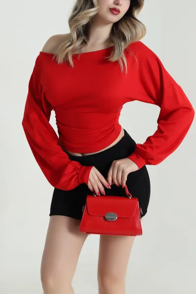 Kırmızı Büzgülü Modal Kadın Bluz 484964