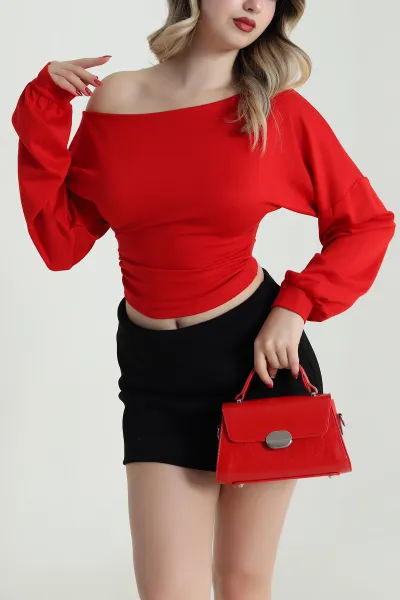 Kırmızı Büzgülü Modal Kadın Bluz 484964