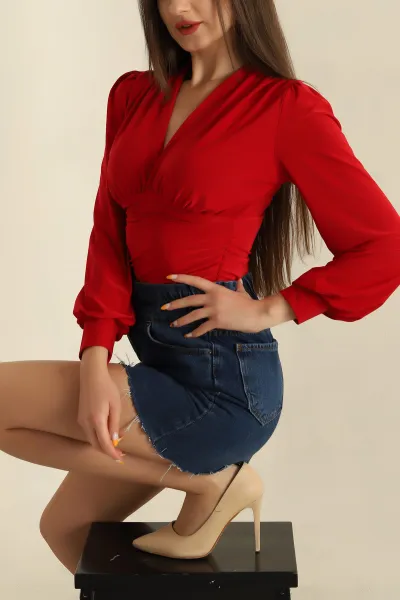 Kırmızı Büzgülü Sandy Kumaş Bluz 267056