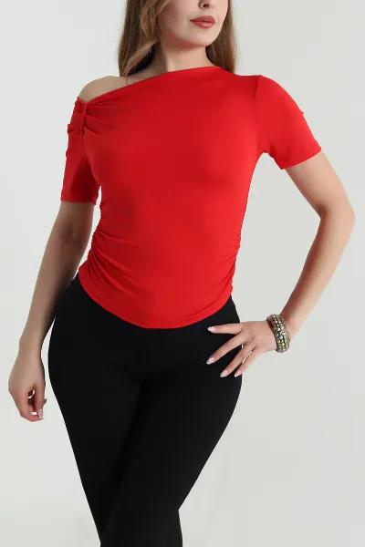 Kırmızı Büzgülü Scuba Kadın Bluz 479068