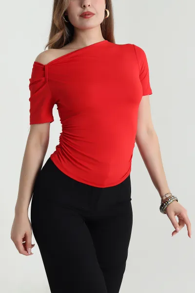 Kırmızı Büzgülü Scuba Kadın Bluz 479068