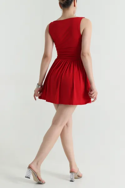 Kırmızı Büzgülü Sıfır Kol Sandy Kadın Elbise 481499