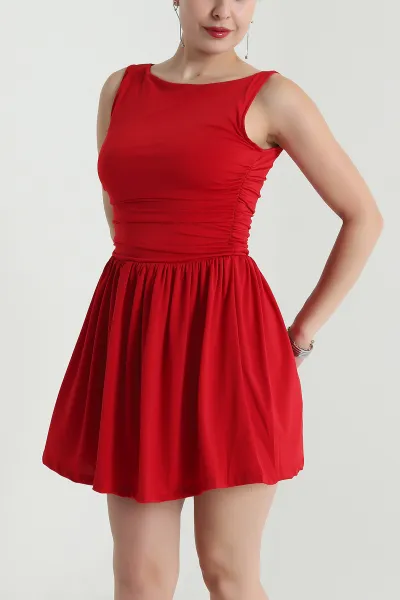 Kırmızı Büzgülü Sıfır Kol Sandy Kadın Elbise 481499