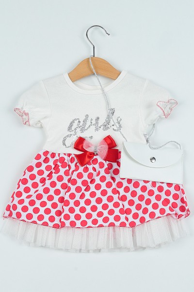 (0-3Yaş)Kırmızı Çantalı Pul İşlemeli Kız Çocuk Elbise 101169