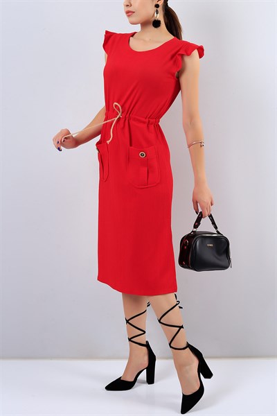 Kırmızı Cep Detaylı Yırtmaçlı Elbise 16238B
