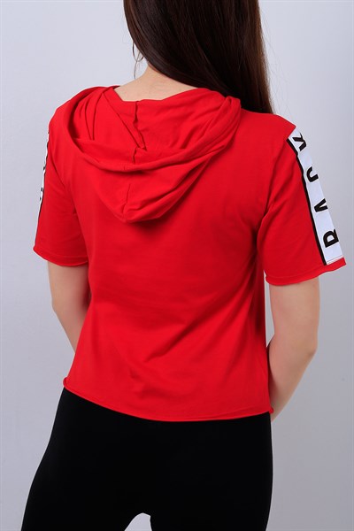 Kırmızı Cepli Kapüşonlu Bayan Tişört 14302B