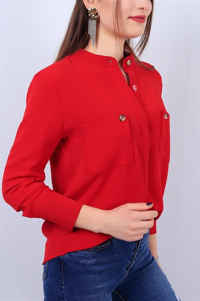Kırmızı Cepli Likralı Bayan Gömlek 11958B