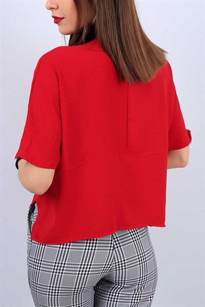 Kırmızı Cepli Likralı Bayan Gömlek 11961B
