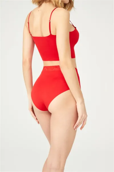 Kırmızı CH4039 Desenli Lastikli Yüksek Bel Lazer Kesim Bikini Külot 237082