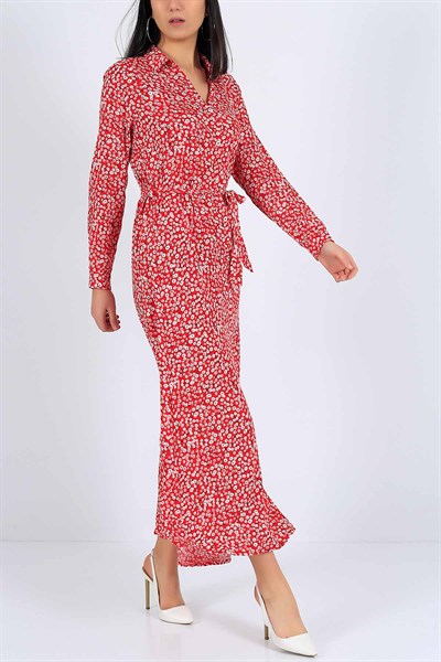 Kırmızı Çiçek Desenli Bayan Gömlek Elbise 15639B