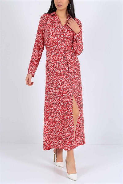 Kırmızı Çiçek Desenli Bayan Gömlek Elbise 15639B