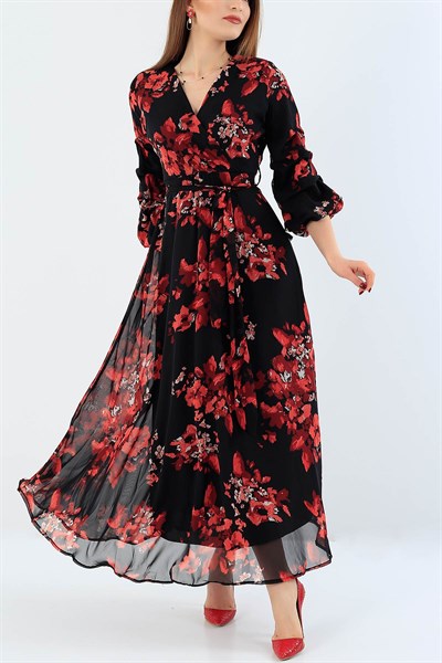 Kırmızı Çiçek Desenli Bayan Şifon Elbise19221B