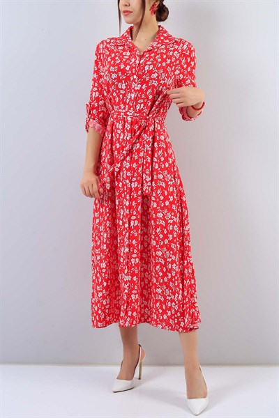 Kırmızı Çiçek Desenli Boydan Düğmeli Elbise 16119B