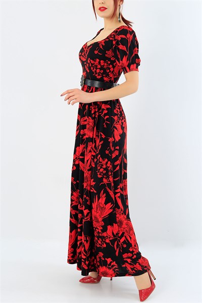 Kırmızı Çiçek Desenli Elbise 29802B