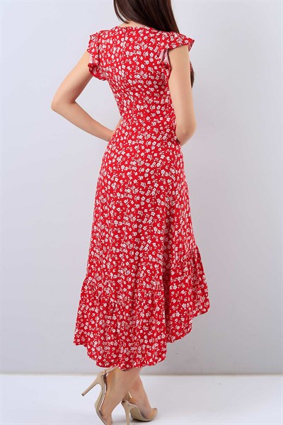 Kırmızı Çiçek Desenli Fermuar Detay Elbise 16201B