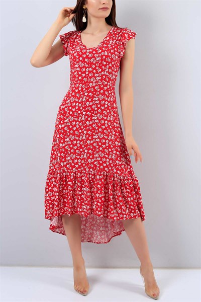 Kırmızı Çiçek Desenli Fermuar Detay Elbise 16201B