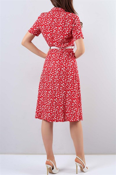 Kırmızı Çiçek Desenli Gömlek Elbise 16350B