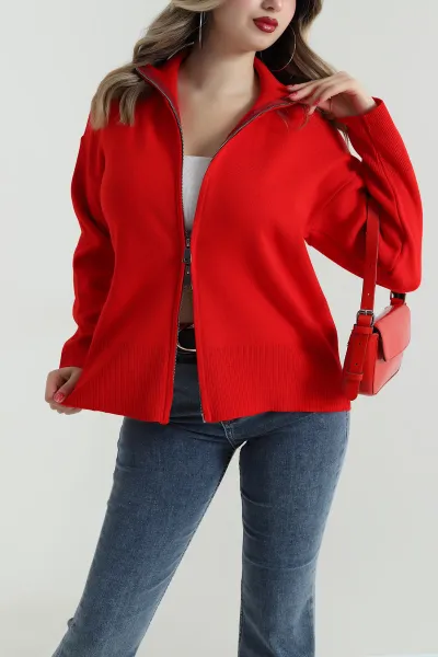 Kırmızı Çift Yön Fermuarlı Kadın Triko Hırka 497044