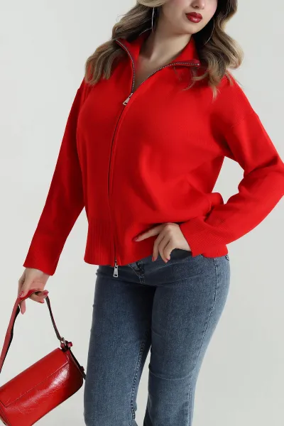 Kırmızı Çift Yön Fermuarlı Kadın Triko Hırka 497044