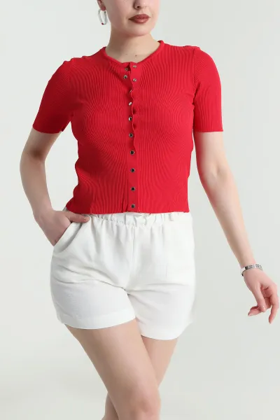 Kırmızı Çıt Çıtlı Fitilli Kadın Bluz 462411