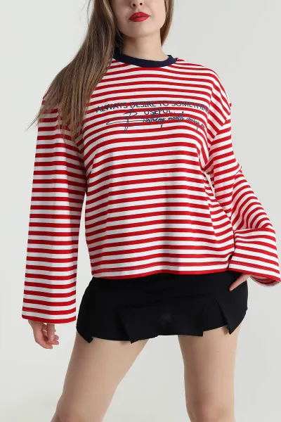 Kırmızı Çizgili Baskılı Kadın Sweatshirt 494410