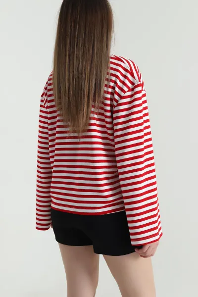 Kırmızı Çizgili Baskılı Kadın Sweatshirt 494410