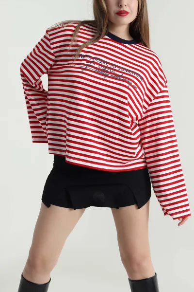 Kırmızı Çizgili Baskılı Kadın Sweatshirt 494410