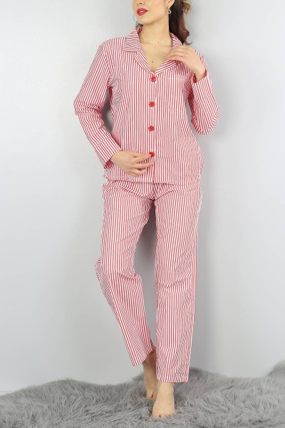 Kırmızı Çizgili Bayan Poplin Pijama Takımı 54635