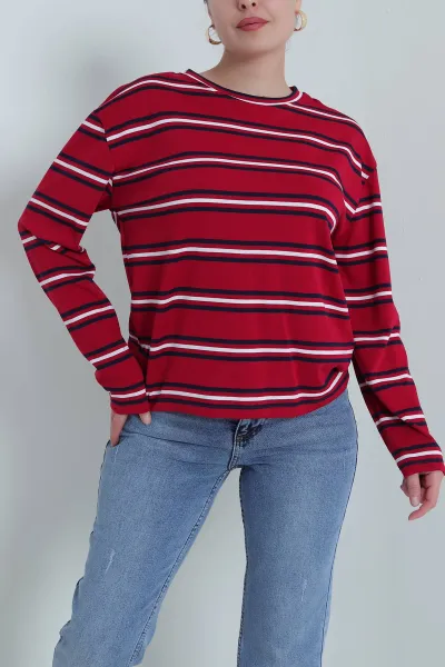 Kırmızı Çizgili Bisiklet Yaka Kadın Sweat 493205