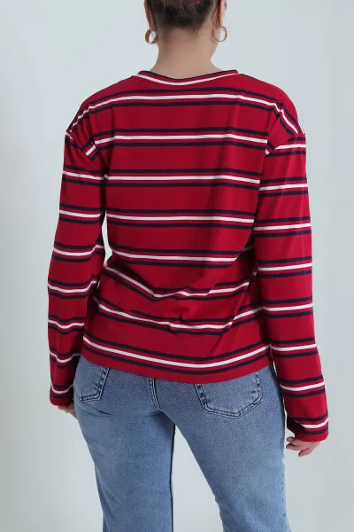 Kırmızı Çizgili Bisiklet Yaka Kadın Sweat 493205