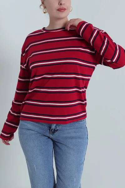 Kırmızı Çizgili Bisiklet Yaka Kadın Sweat 493205
