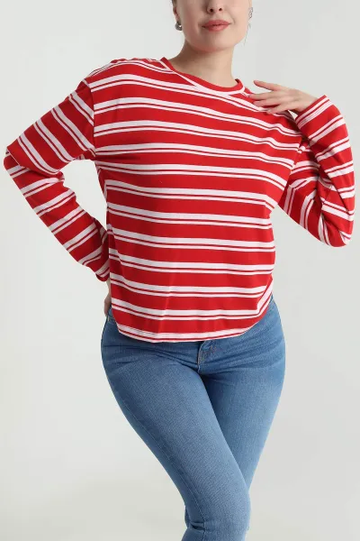 Kırmızı Çizgili Bisiklet Yaka Kadın Sweat 493744