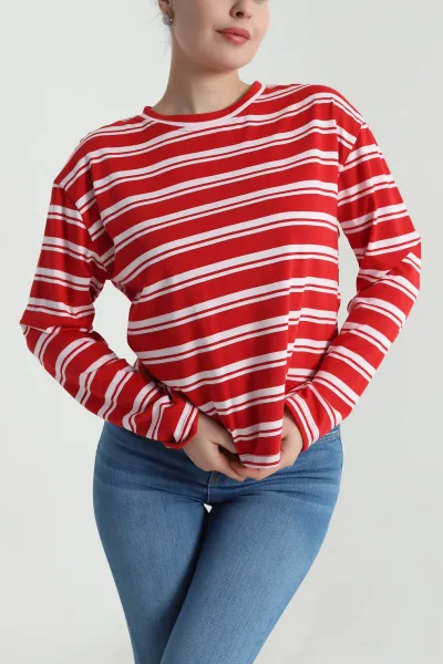 Kırmızı Çizgili Bisiklet Yaka Kadın Sweat 493744