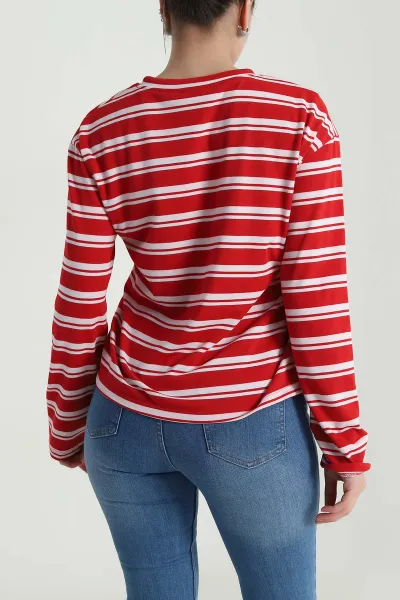 Kırmızı Çizgili Bisiklet Yaka Kadın Sweat 493744