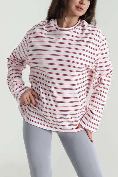 Kırmızı Çizgili Likralı Bisiklet Yaka Kadın Sweat 494154