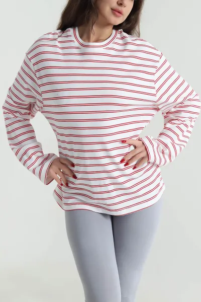 Kırmızı Çizgili Likralı Bisiklet Yaka Kadın Sweat 494154