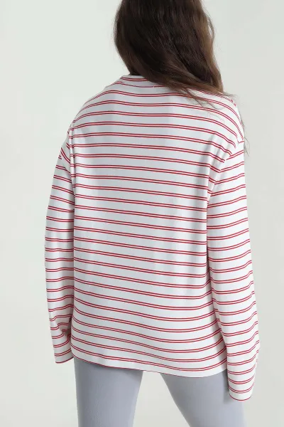 Kırmızı Çizgili Likralı Bisiklet Yaka Kadın Sweat 494154