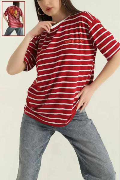 Kırmızı Çizgili Oversize Kadın Tişört 354283